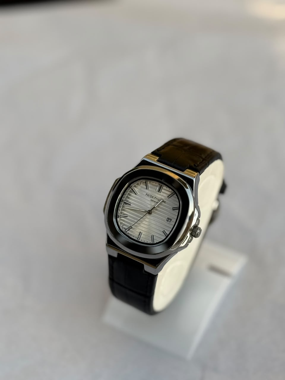 Patek Philippe Nautilus  – White Dial with Black Leather Strap
