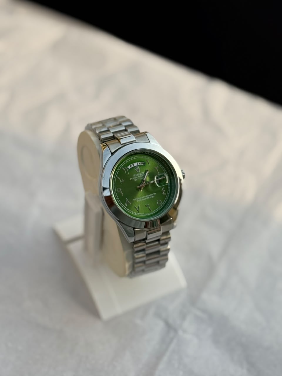Rolex Day-Date Arabic Men's Watch – Green Dial with Silver Jubilee Bracelet