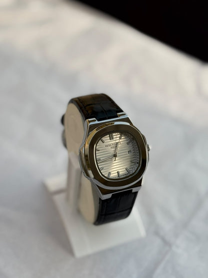 Patek Philippe Nautilus  – White Dial with Black Leather Strap